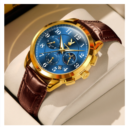 Playboy Watch For Men Waterproof Luminous with Calendar Chronograph Comfortable Leather Strap Simple Fashion Men's Watch BLUE DIAL BROWN STRAP