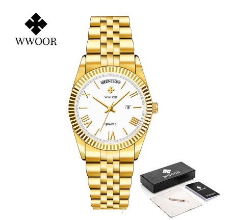 WWOOR Top Brand Fashion Watch Men Stainless Steel Luxury Waterproof Calendar Wristwatch Mens Watches WHITE DIAL GOLD CASE STARP