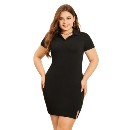 Lovito Plus Size Curve Casual Plain Split Front V Neck Dress for Women LPS07021 (Black)