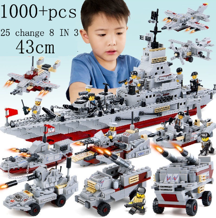 1000 Pcs 8 in 1 Educational Toys SWAT Army Aircraft Carrier Military Assembled Building Blocks