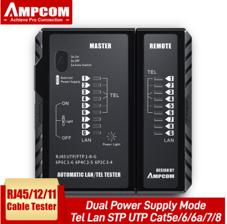 AMPCOM Network Cable Tester RJ45 RJ11 Network Lan Ethernet RJ45 Cable Tester Tool Lan Networking Tool Network Repair