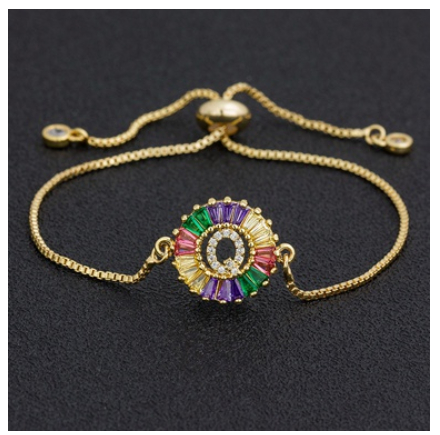 New Fashion A-Z Initial Colorful Cubic Zircon Letter Bracelets Adjustable Chain Rainbow Jewelry Q