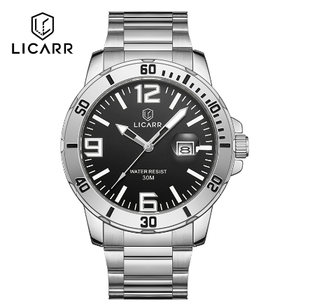 LICARR Top Brand Mens Watches Fashion Quartz Sport Waterproof Date Stainless Steel Clock Male Casual Business Wrist Watch SILVER BLACK
