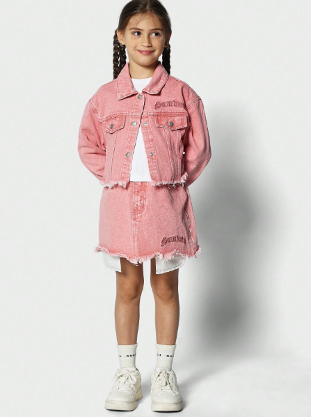 SUMWON Tween Girls Raw Hem Denim Jacket And Skirt 2 Piece Set