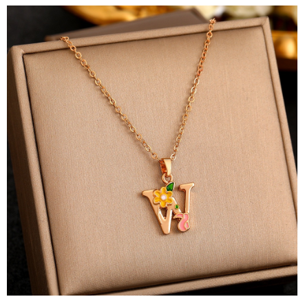 26 Letter Gold Pendant Necklace Dropped Oil Flower Animal Letter Necklace Fashion Men's and Women's Gift Wholesale W