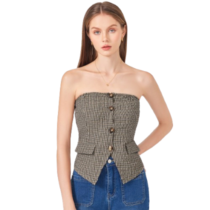 Lovito Women Elegant Plaid Button Fake Pocket Tank Top L71ED053 (Brown)