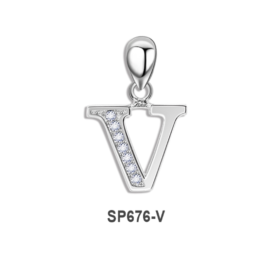 Tom Silver Pendant Initial Letter with Stone A to Z Fashion Accesories 92.5 Sterling Silver SP676 V