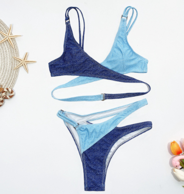 New Style Stitching Women's Bikini Imitation Denim Swimsuit Laced-Up