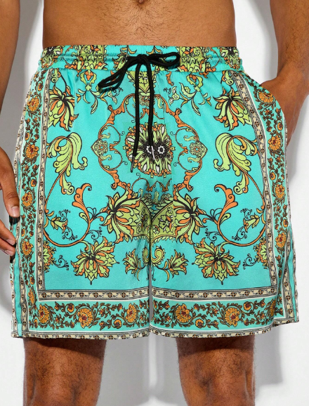 Manfinity NiteLyfe Men's Beach Outfits, Summer Vacation Lightweight Breathable Lavish Party Nightclub Woven Casual Floral Graphic Hawaiian Shorts Beachwear