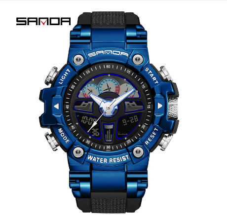 Sanda Creative Metal Dial Multifunctional Sports Waterproof Men's Watch Luxury Quartz Luminous Swim Watch BLUE