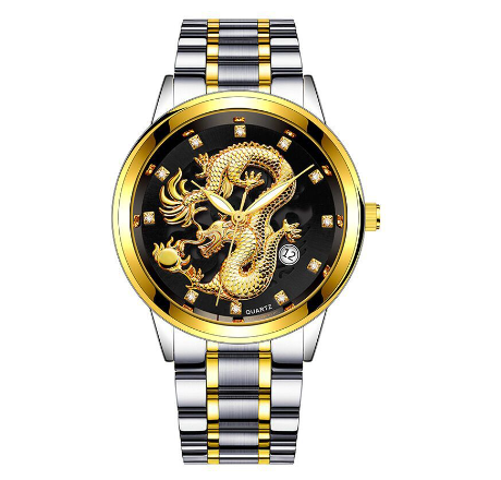 Creative Embossed Chinese Dragon High-end Business Calendar Watch Diamond-studded Steel Band Men's Quartz Watch 005