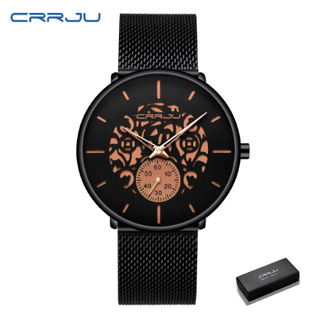 CRRJU Men's Fashion Black Stainless Steel Wrist Watch Waterproof Business Dress Watch for Men 2150S M8