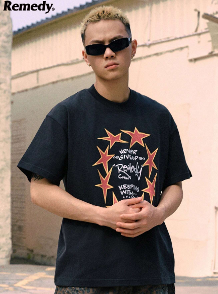 Remedy Summer USA Style Boxy Fit Star Printed Short Sleeve T-Shirt, Loose Casual Tee For Men