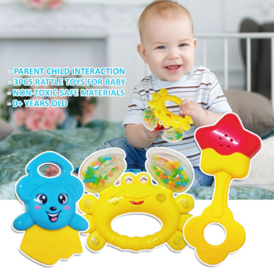 Baby Rattles Shaker 3 in 1 Hand Toys for Infant Plastic Handle Non- Toxic Kabuli99