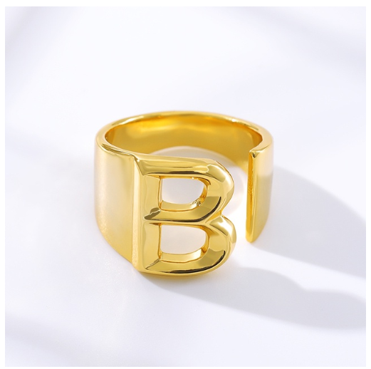 Maxzone Fashion Adjustable Open Gold Initial Rings For Women Stainless Steel A-Z Letter Ring Ladies Meaningful Wedding Jewelry Gift B