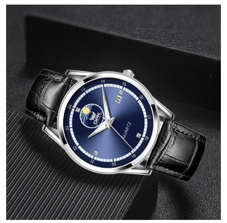 OPK Watch For Men Water Proof Original Stainless Steel Leather Strap With Box Fashion Luminous Quartz Watch BLUE DIAL BLACK LEATHER STRAP