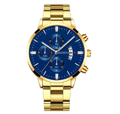 GENEVA Luxury Silver Mens Stainless Steel Analog Watches Mens Three Eyes Calendar Quartz Business Wristwatch Men Watch WHITE GOLD BLUE