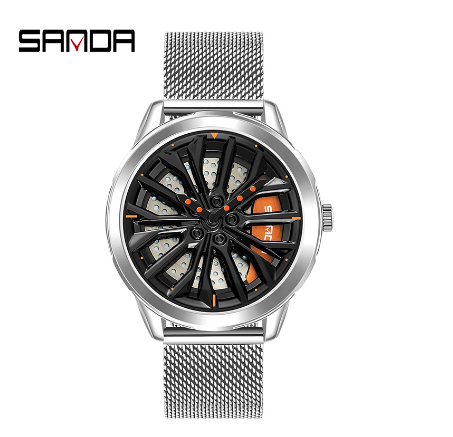 Sanda Fashion Pioneer Car Lover Cool Spinning Hub Racing Style Quartz Watch Style Luxury Watch SILVER MESH STRAP