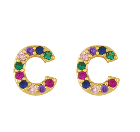 New European and American Fashion Gold 26 Letters Colorful Zircon Alphabet Stud Earrings Women Jewelry Gifts C