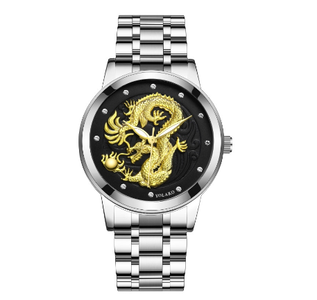 Fashion Men's Full Steel 3D Engraving Gold Dragon Quartz Waterproof Watch Men's Watch SILVER BLACK