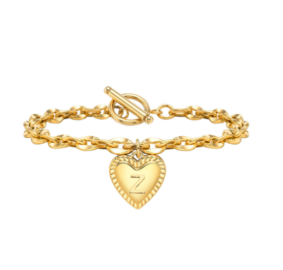 Vnox A-Z Letter Heart Charms Bracelet for Women Girl 18K Gold Elegent Love Stainless Steel Link Chain Initial Jewelry Birthday Present Z