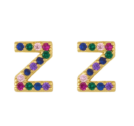New European and American Fashion Gold 26 Letters Colorful Zircon Alphabet Stud Earrings Women Jewelry Gifts Z