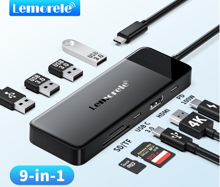Lemorele USB C HUB 9-in-1 Multi-Port Adapter 100wPD HDMI 4k 30hz 3 Usb3.0 SD/TF for Macbook Ipad Chromecast Switch Ps4 Steam Windows