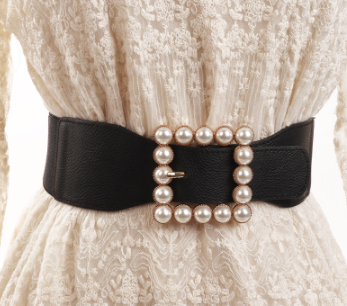 Korean-Style Elastic Waistband Female Sweater Decorative Girdle Wide Black White Pearl Inlaid Belts for Women
