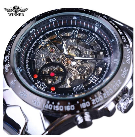 WINNER Automatic watch men Gold Luxury Stainless Steel Skeleton Mechanical Watches waterproof Luminous Watch 3