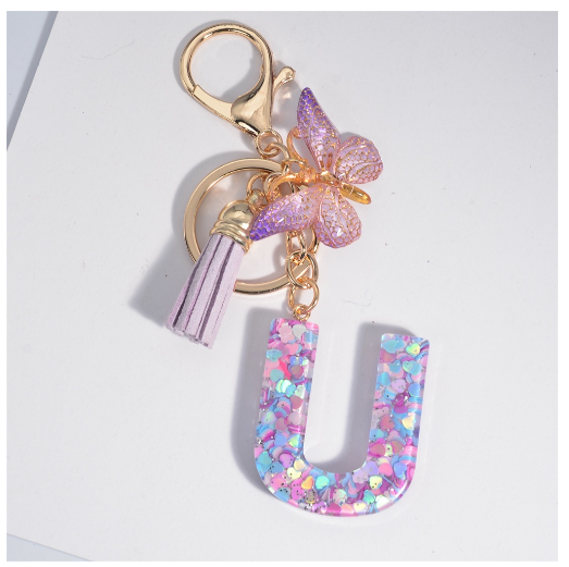Sweet Heart Sequin Filled A-Z Letter Keychains With Tassel Fashion Butterfly 26 Alphabet Keyring Car Keyholder Birthday Gifts U