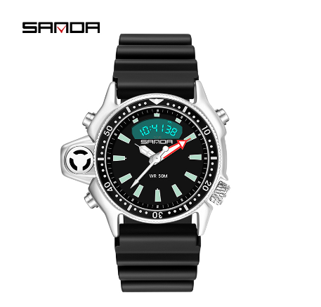 Sanda Waterproof Men Watch Sports Multifunctional Digital Dual Display Mens Watch BLACK
