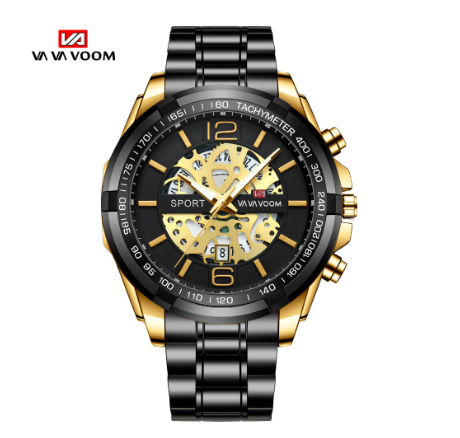 VA VA VOOM Men's Waterproof Luminous Hollow Non-mechanical Luxury Stainless Steel Watch Original Quartz Watch GOLD