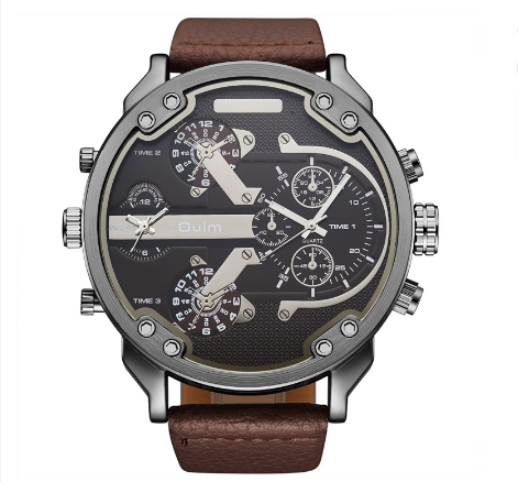 Oulm Watch Double Movement Men Quartz Sports Leather Strap Watch BROWN