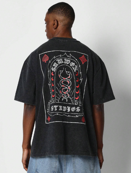 SUMWON Washed Tee With Ace Graphic Print