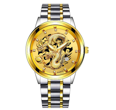 Creative Embossed Chinese Dragon High-end Business Calendar Watch Diamond-studded Steel Band Men's Quartz Watch 004