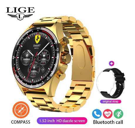 LIGE New GPS Smart Watch Men Outdoor Compass Sport Fitness Bracelet Bluetooth Call Clock Waterproof Steel Smartwatch STEEL GOLD