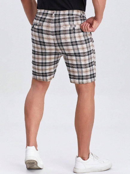 Men Chinos Plaid Shorts Slim Fit Stretch Dress Shorts Wrinkle-Resistant Pleated Formal Brown Shorts