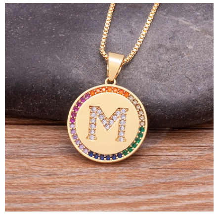 New Arrival Luxury A-Z Initial 26 Letters Pendant Charm Chain Necklaces High Quality Zircon Rainbow Jewelry M