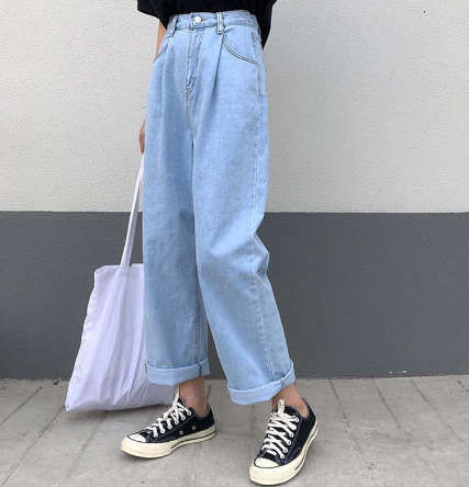 Jeans Large Fat Sister High Waisted Jeans Women's Wide Leg Light Blue Straight Pants