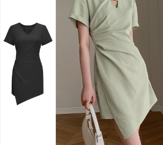 Lovito Women Casual Plain Pleated Asymmetrical Dress L68ED140 Green/Black