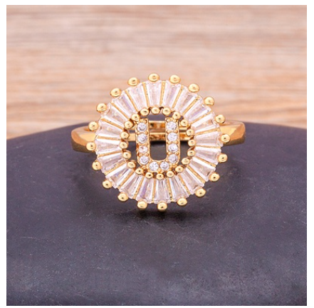 Initial 26 Alphabet Adjustable Size Gold Color Zircon A-Z Letter Ring Statement Name Jewelry U