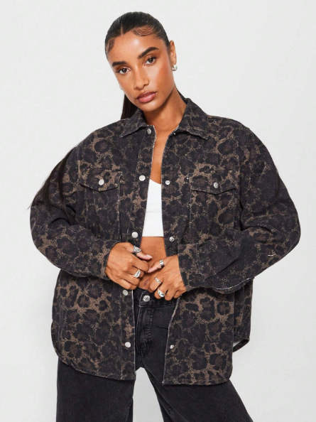 SUMWON WOMEN Oversized Fit Leopard Print Denim Jacket