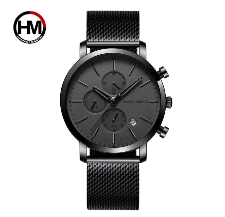 Hannah Martin Men Casual Watch Big Dial Stainless Steel Waterproof Wristwatch Multifunctional Chronograph Business Watch BLACK