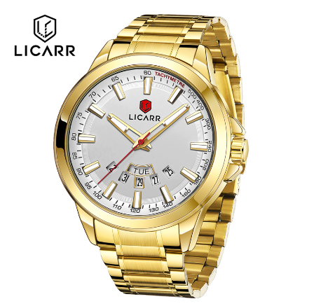 LICARR Brand Watch Men Fashion Sport Waterproof Quartz Business Men's Watches Date Week Display Luminous 9517 GOLD WHITE