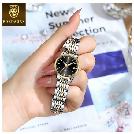POEDAGAR watch for woman sale original waterproof korean style elegant stainless steel calendar luminous women casual watches BLACK