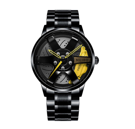 Creative Wheel Dial Men Sports Watch Black Stainless Steel Band Male Quartz Wristwatches YELLOW