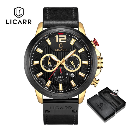 LICARR Men's Watches Top Luxury Fashion Brand Casual Chrono Calendar Sport Business Men Watch Waterproof 9501 GOLD BLACK