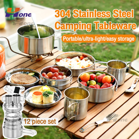 12pcs Stainless steel Camping Cookware Kit Camping Cooking Set Hiking Picnic Pot Backpacking Outdoor