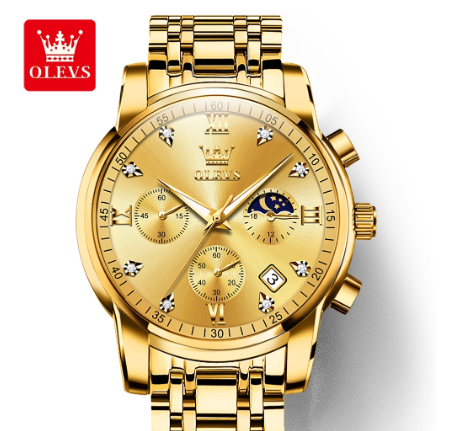 Olevs Watch For Men Quartz Waterproof Multifunction Chronograph Gentleman Stainless Steel Business Watch ALL GOLD