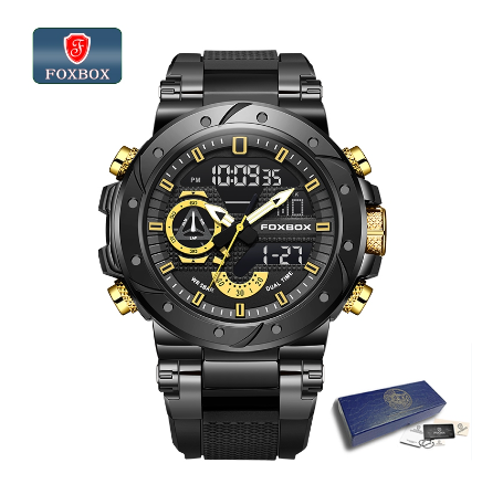 FOXBOX Fashion Digital Watch Men Dial Dual Display Outdoors Waterproof Sport Luminous Silicone Watch BLACK GOLD